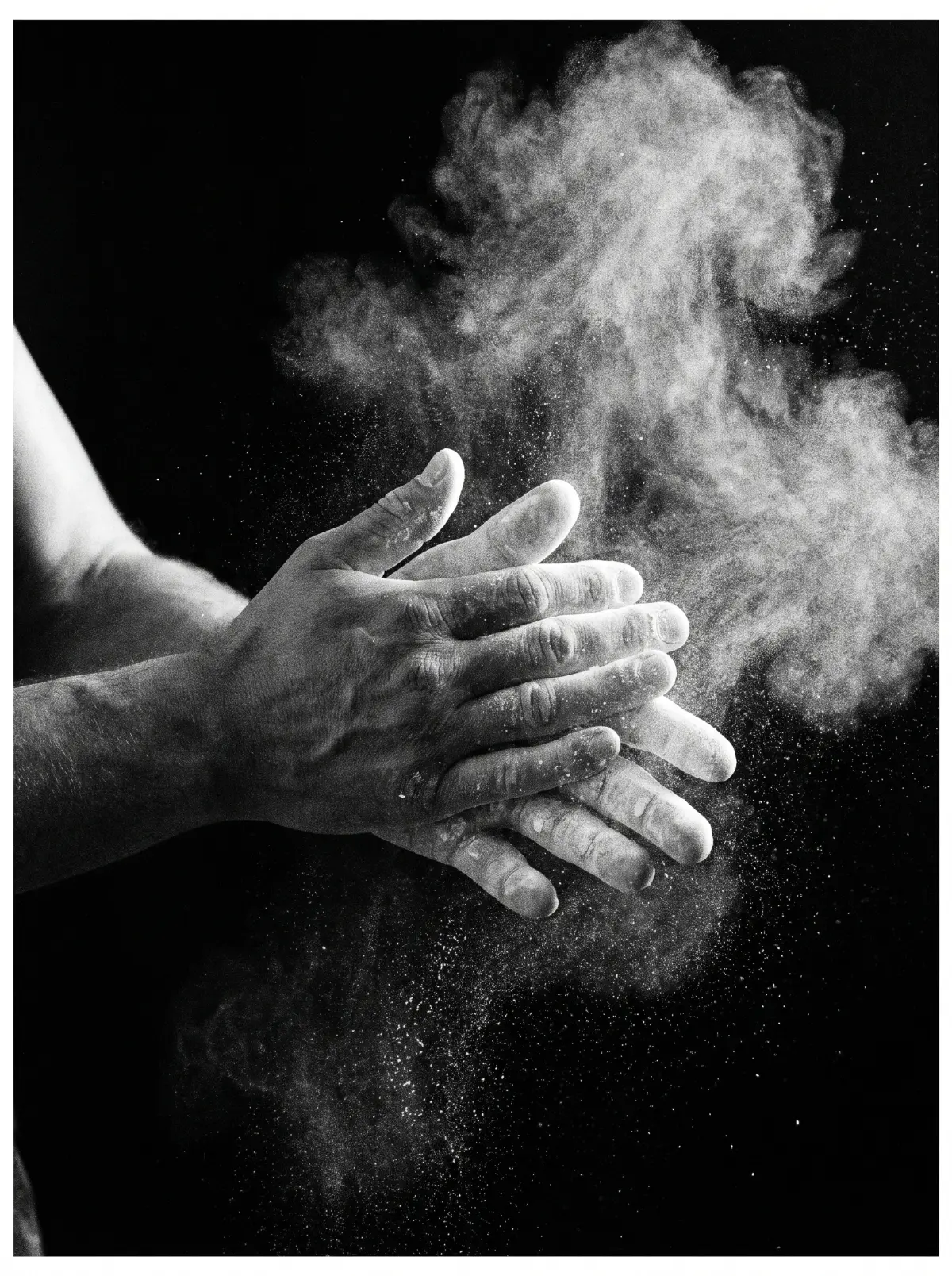 Manos de atleta aplaudiendo con magnesio, nube de tiza en el aire, en blanco y negro