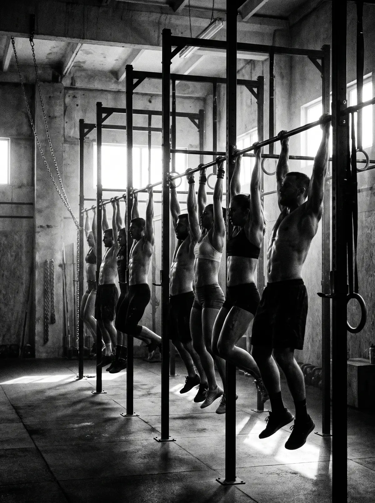 Atletas colgados de la estructura de dominadas durante una clase, en blanco y negro
