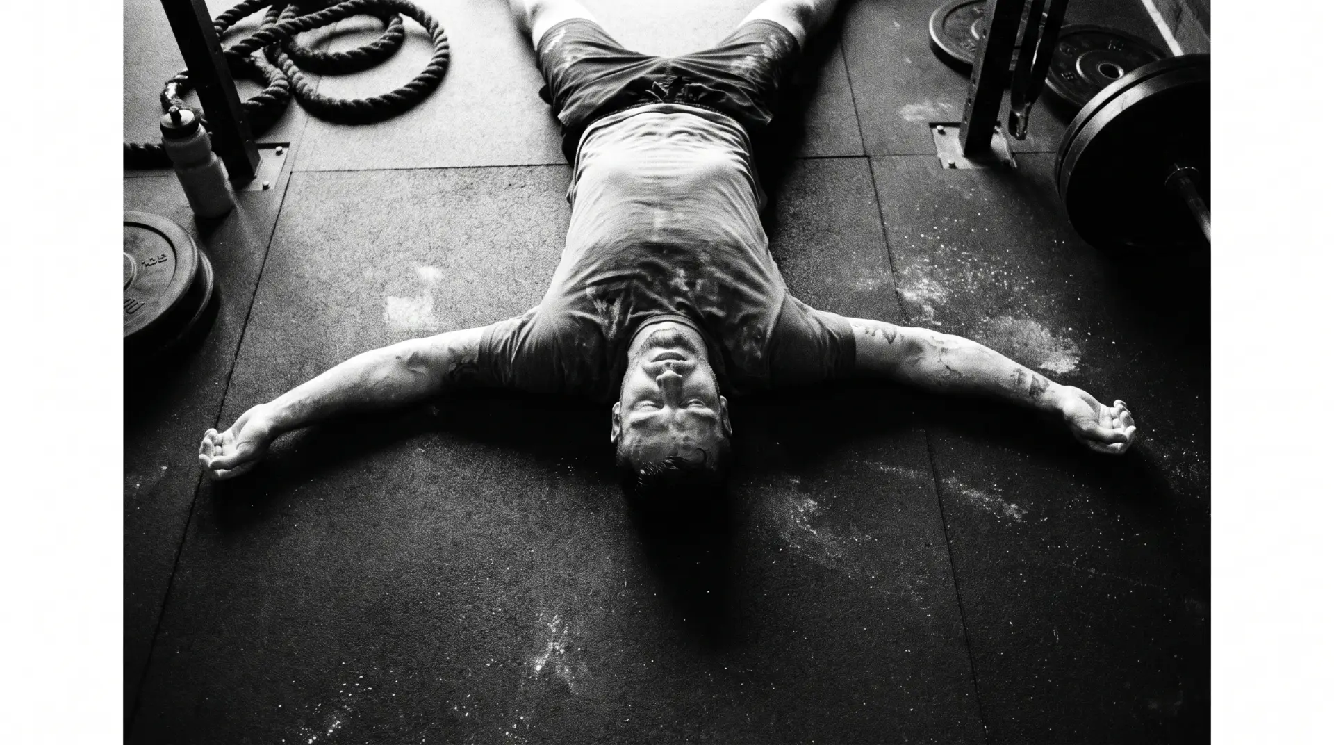 Atleta de CrossFit exhausto en el suelo del box tras el entrenamiento, en blanco y negro