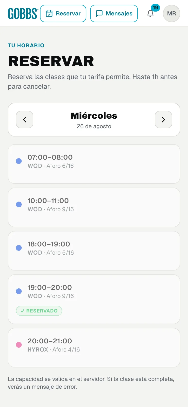 Horario y reserva de clase en GOBBS